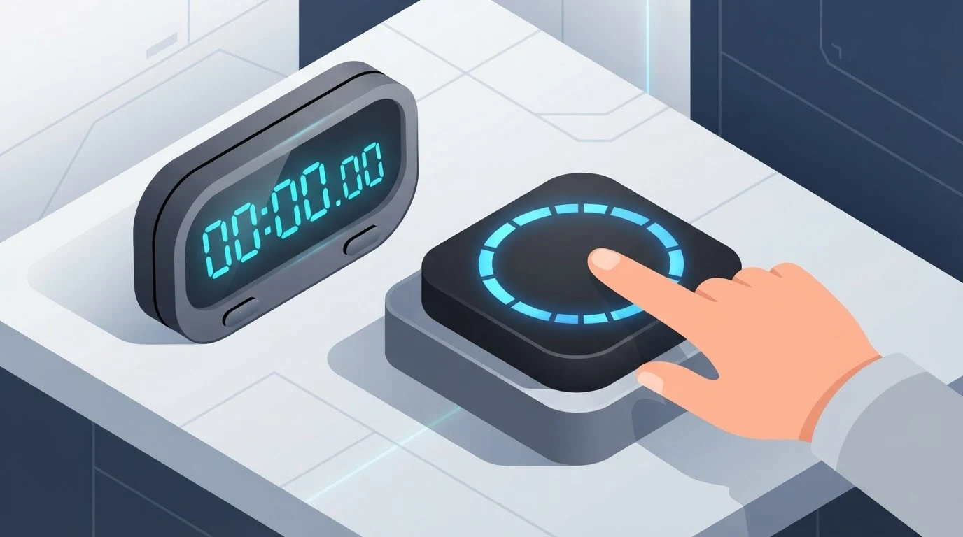 Isometric illustration of a stopwatch beside a hand pressing a reaction-time test button
