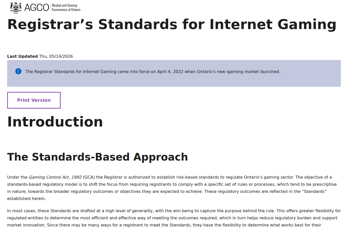 Screenshot of AGCO's published Registrar's Standards for Internet Gaming page