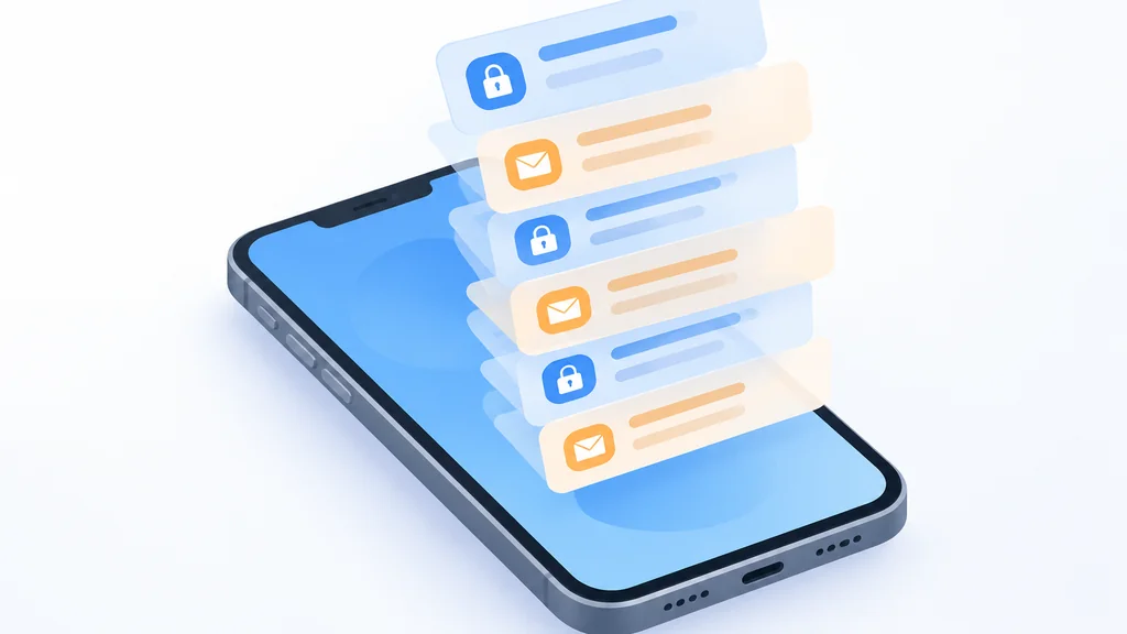 Isometric illustration of a smartphone with notification cards fanning out, some tagged with a lock icon and some with an envelope icon