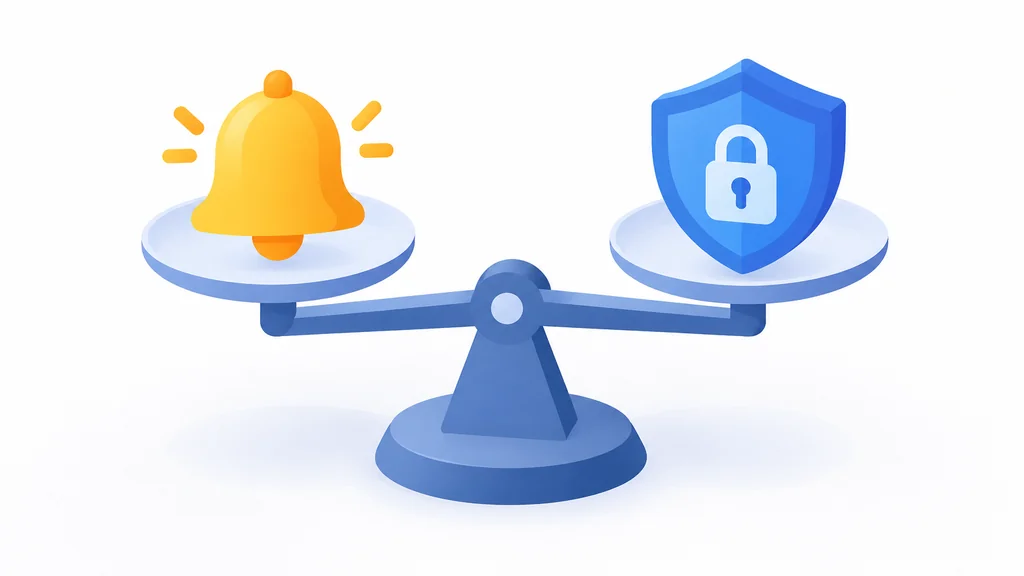 Isometric illustration of a scale weighing marketing notifications against account security alerts